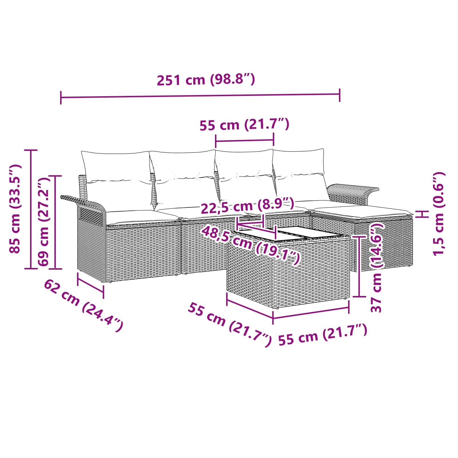 Set Divano da Giardino 6 pz Grigio polyrattan