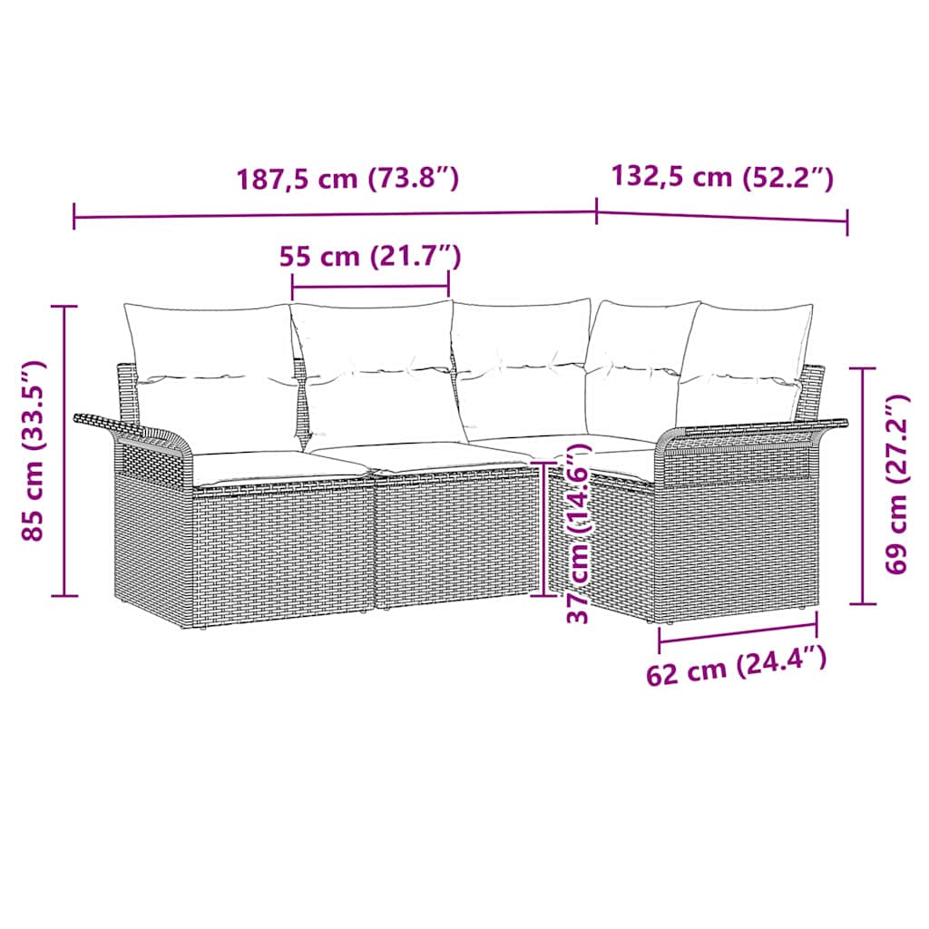 Set Divano da Giardino 4 pz Beige polyrattan