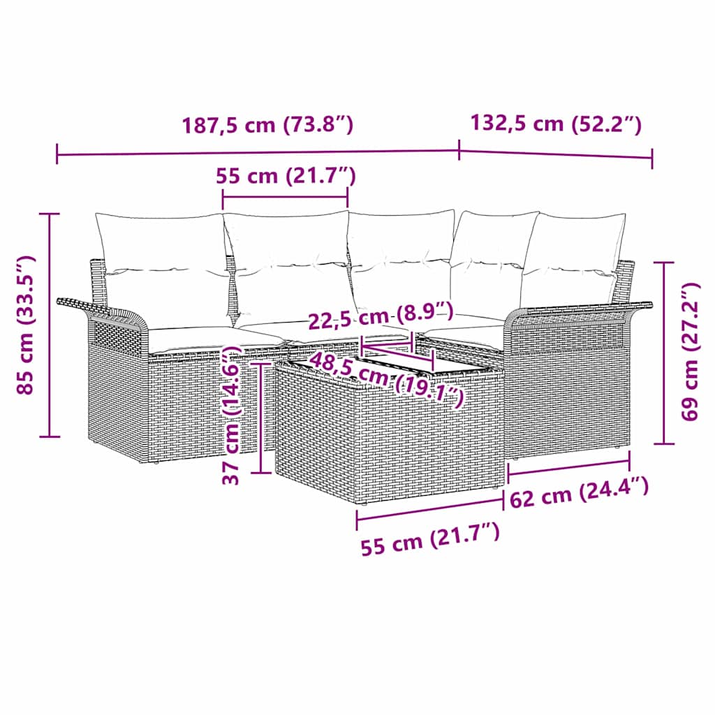 Set Divano da Giardino 5 pz Nero polyrattan