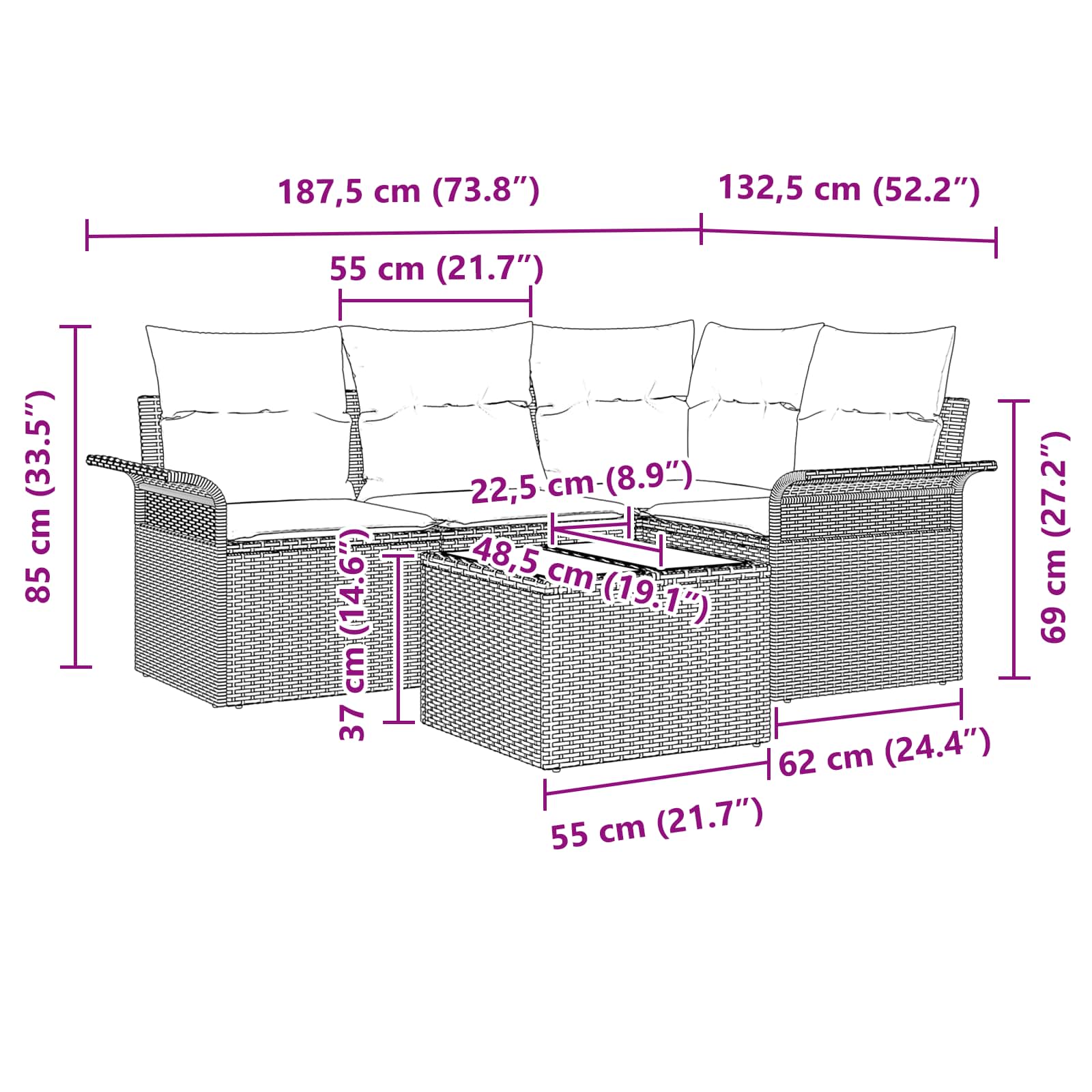 Set Divano da Giardino 5 pz Marrone polyrattan
