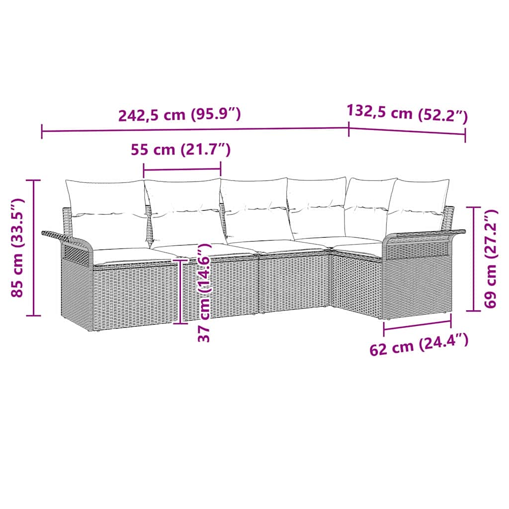 Set Divano da Giardino 5 pz Grigio polyrattan