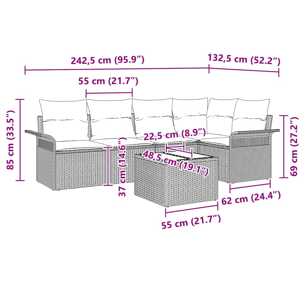 Set Divano da Giardino 6 pz Grigio chiaro polyrattan