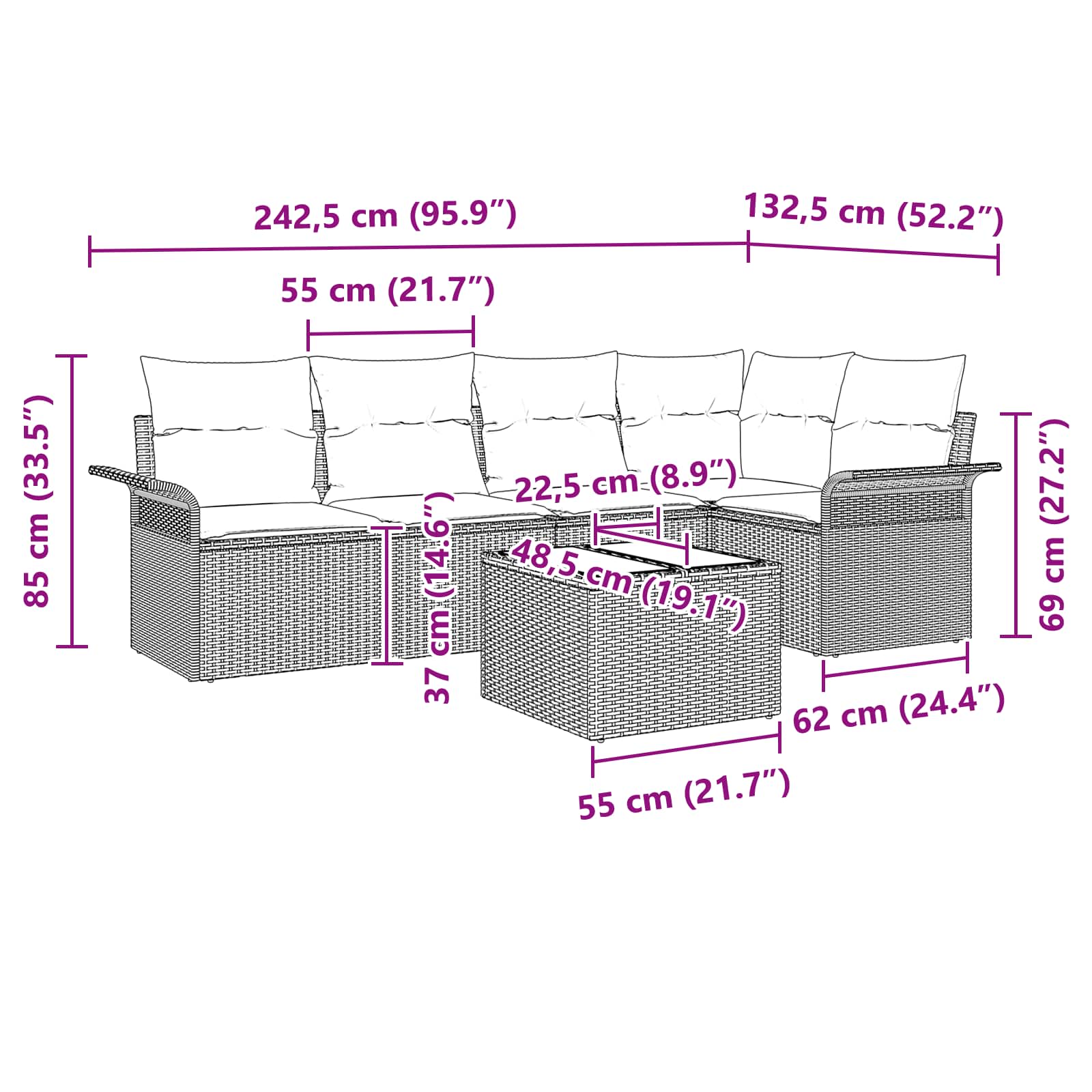 Set Divano da Giardino 6 pz Grigio polyrattan