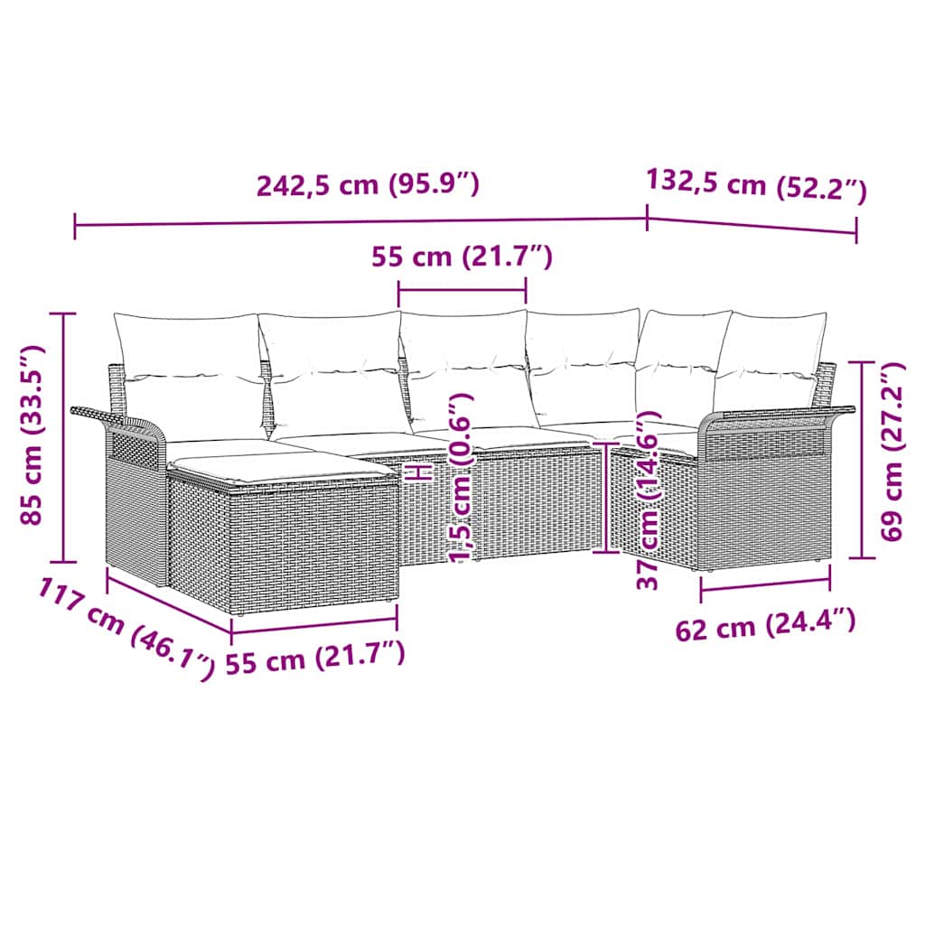 Set Divano da Giardino 6 pz Nero polyrattan
