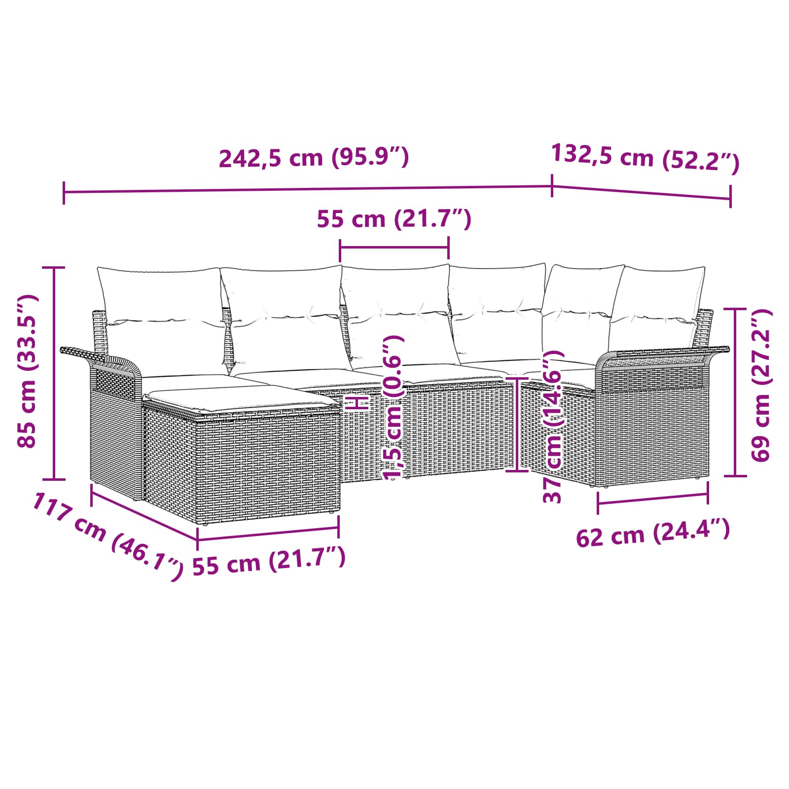 Set Divano da Giardino 6 pz Grigio polyrattan