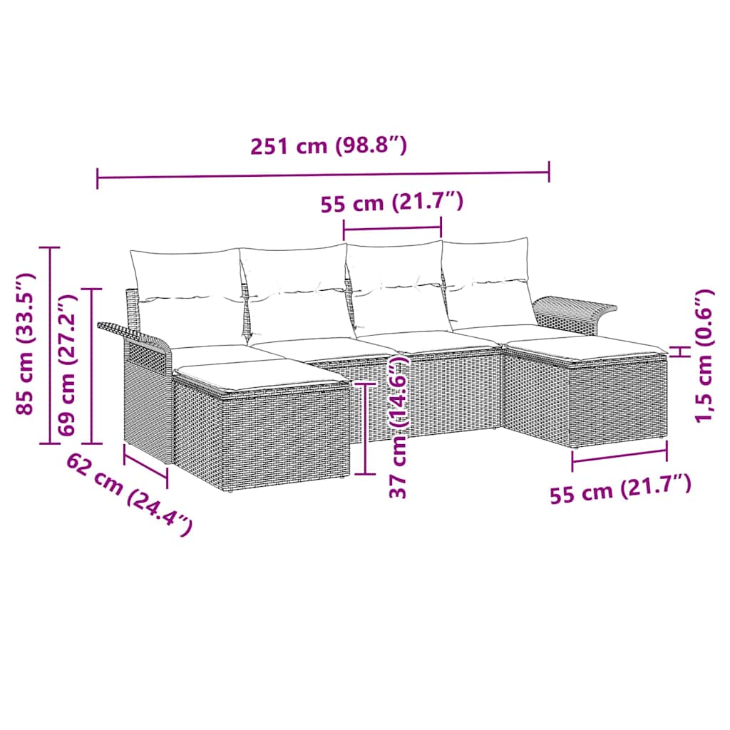 Set Divano da Giardino 6 pz Marrone polyrattan
