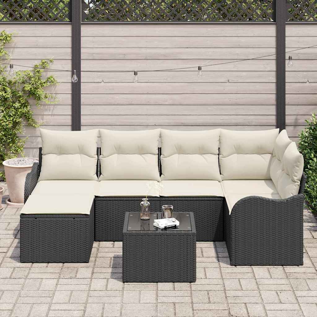 Set Divano da Giardino 7 pz Nero e Bianco polyrattan