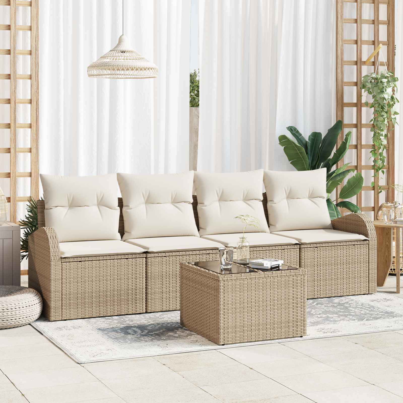 Set Divano da Giardino 5 pcs 4-Seater Beige e Crema polyrattan
