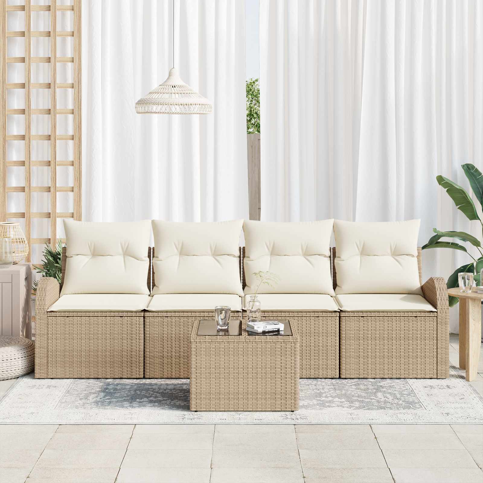 Set Divano da Giardino 5 pcs 4-Seater Beige e Crema polyrattan
