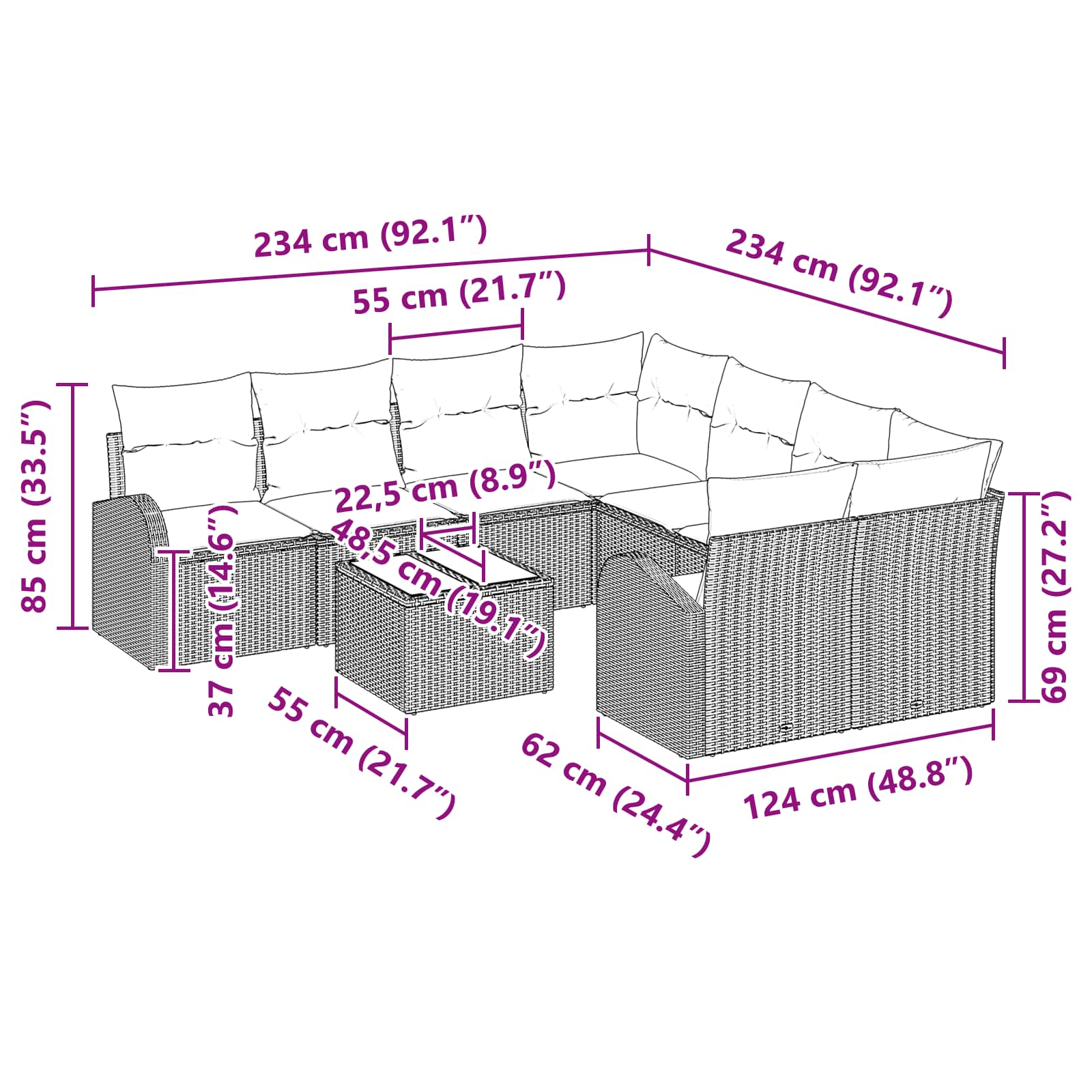 Set di divani 9 pz 8-Numero di posti Beige e Rosso polyrattan