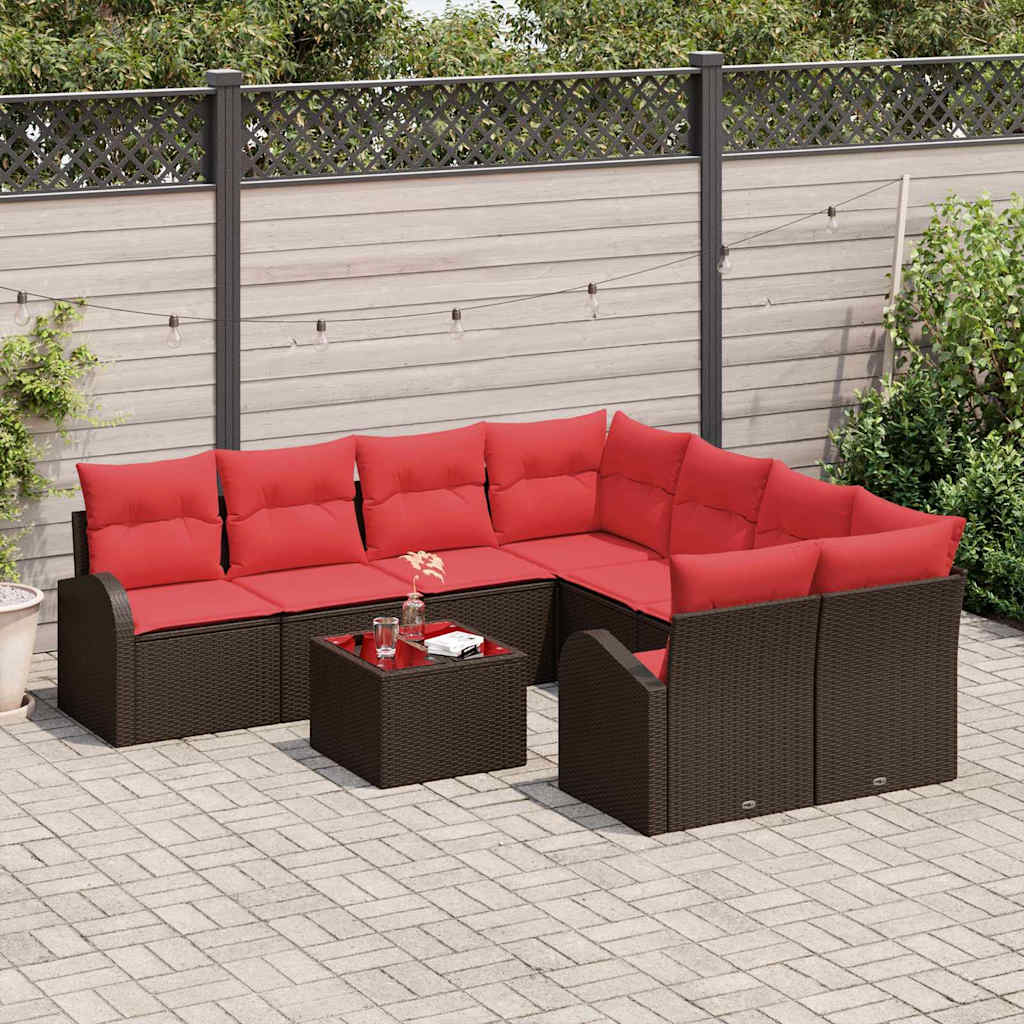 Set di divani 9 pz 8-Numero di posti Beige e Rosso polyrattan