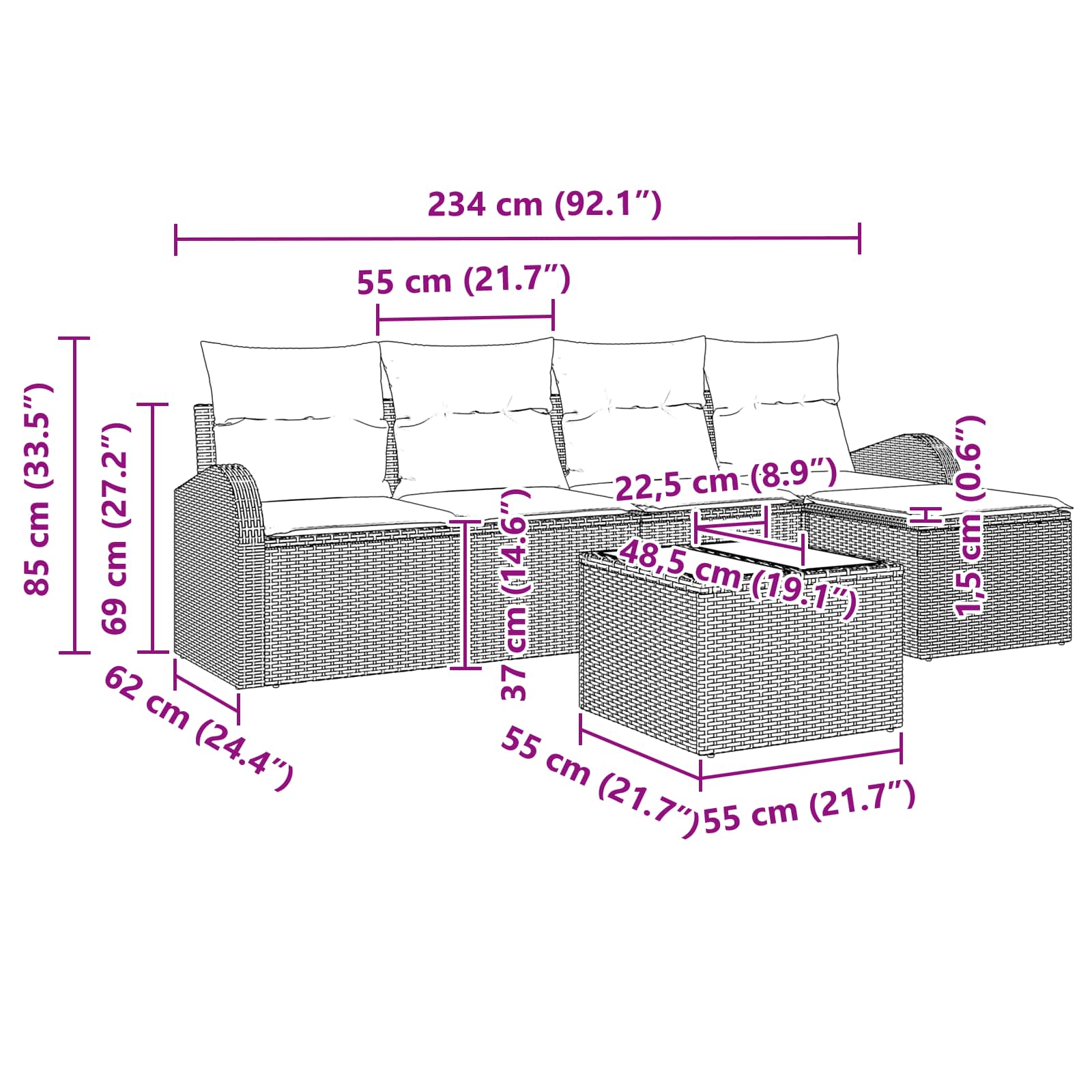 Set di divani 6 pz Nero e Turchese polyrattan
