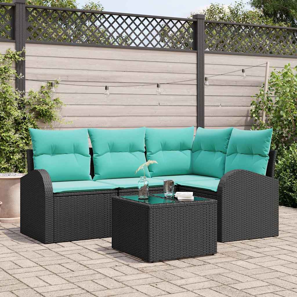 Set Divano da Giardino 5 pz Nero e Turchese polyrattan
