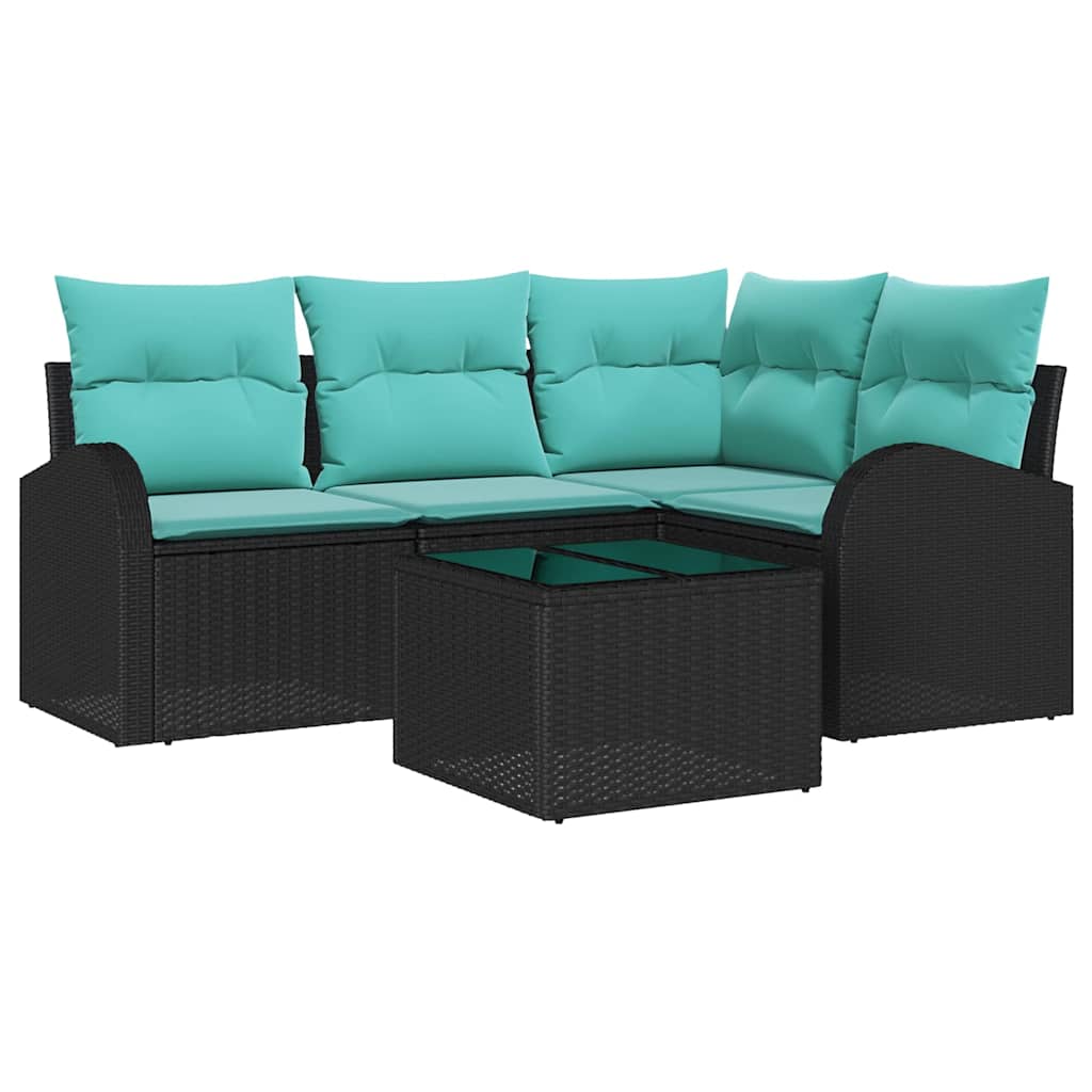Set Divano da Giardino 5 pz Nero e Turchese polyrattan
