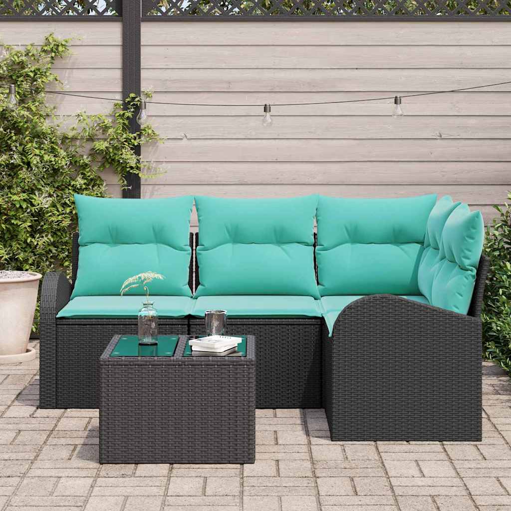 Set Divano da Giardino 5 pz Nero e Turchese polyrattan