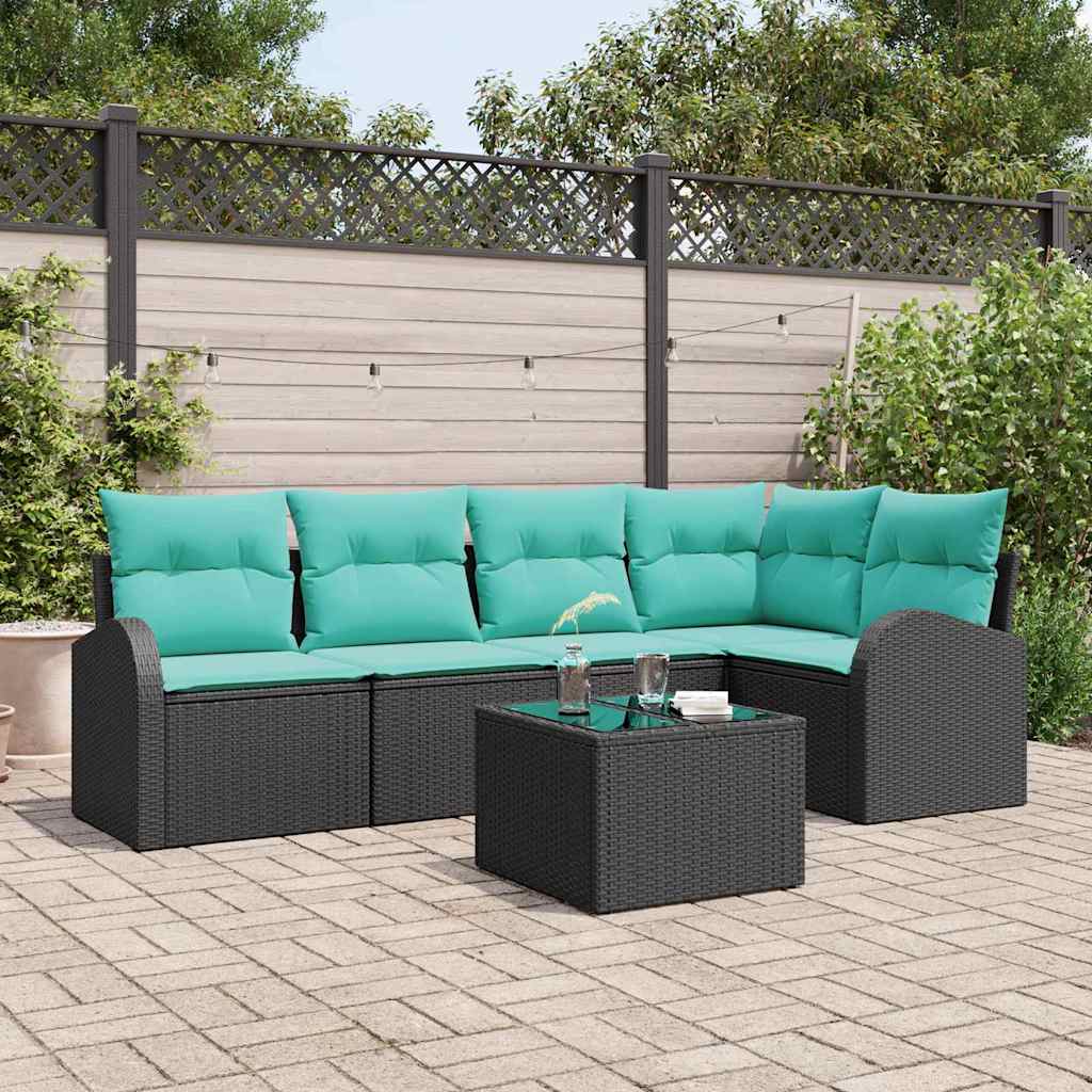 Set Divano da Giardino 6 pz Nero e Turchese polyrattan