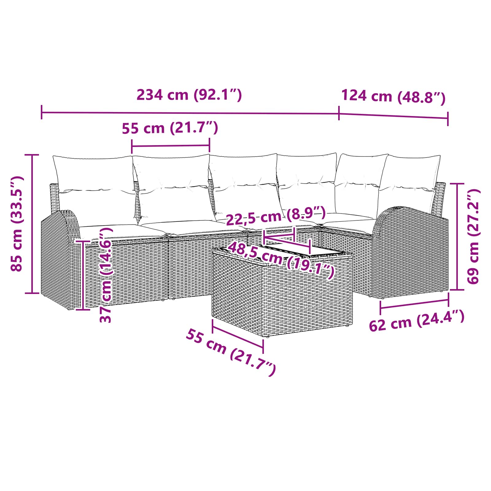 Set Divano da Giardino 6 pz Nero e Turchese polyrattan