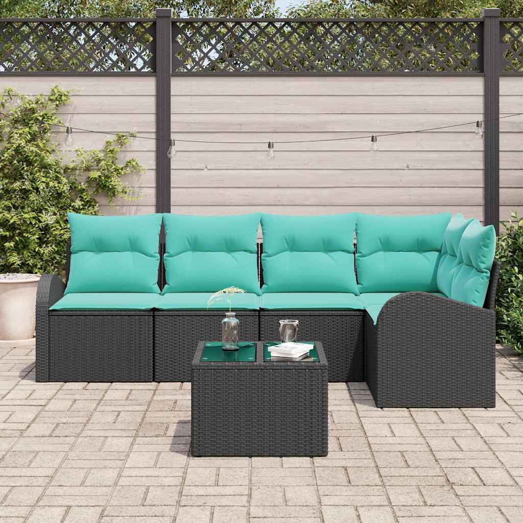 Set Divano da Giardino 6 pz Nero e Turchese polyrattan