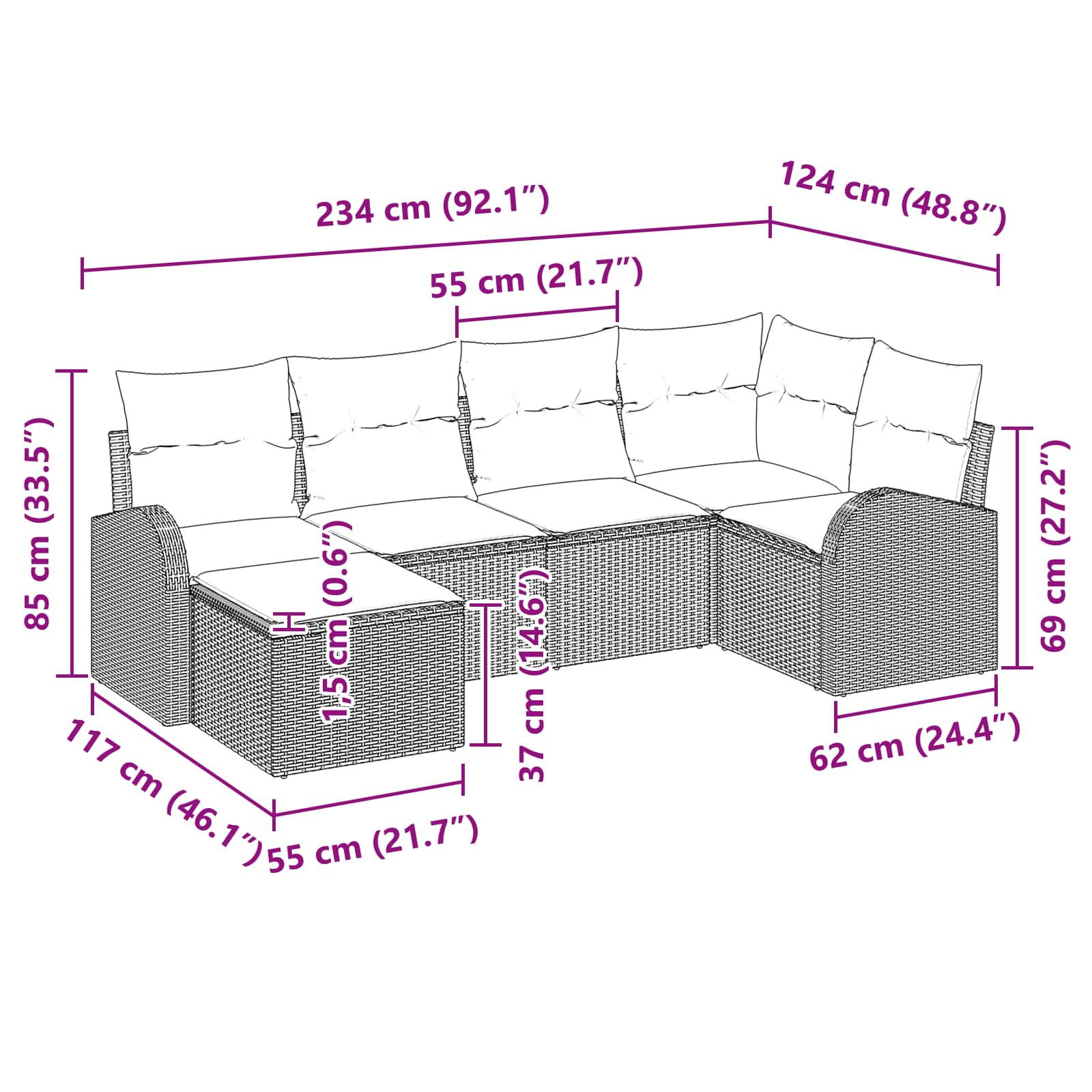 Set di divani 6 pz Nero e Turchese polyrattan