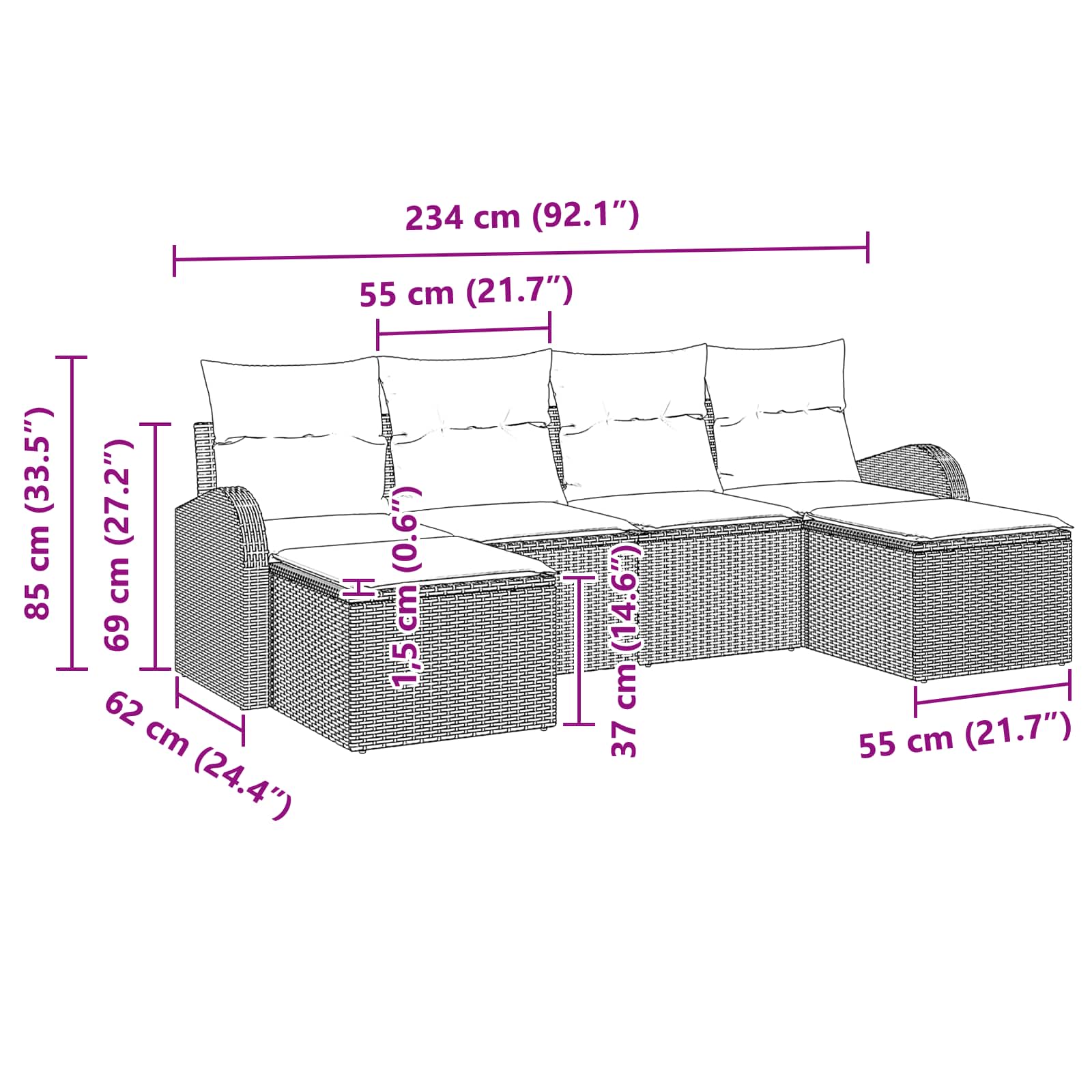 Set di divani 6 pz Nero e Turchese polyrattan