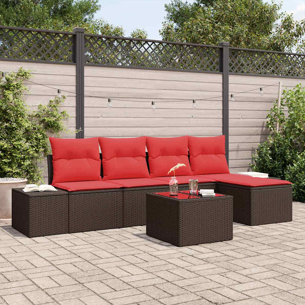 Set Divano da Giardino 5 pz Marrone e Rosso polyrattan