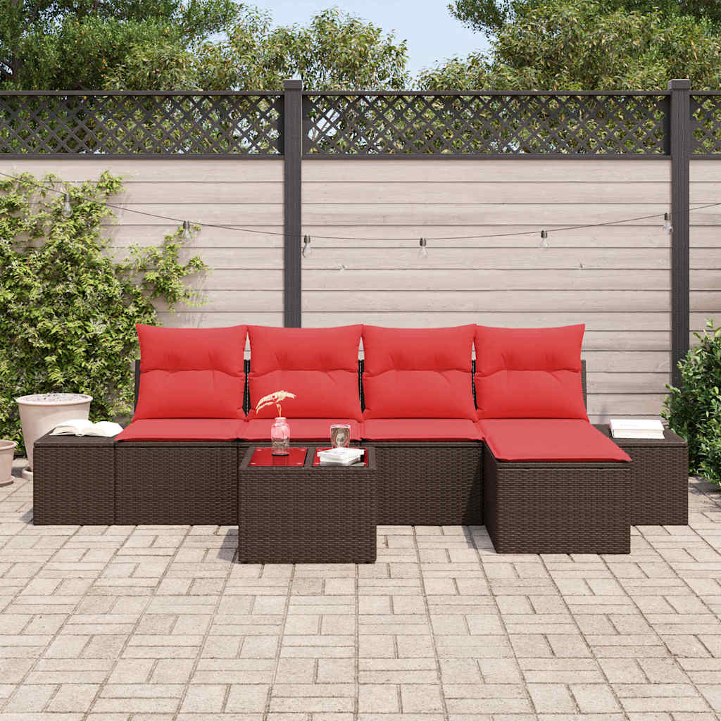 Set Divano da Giardino 5 pz Marrone e Rosso polyrattan