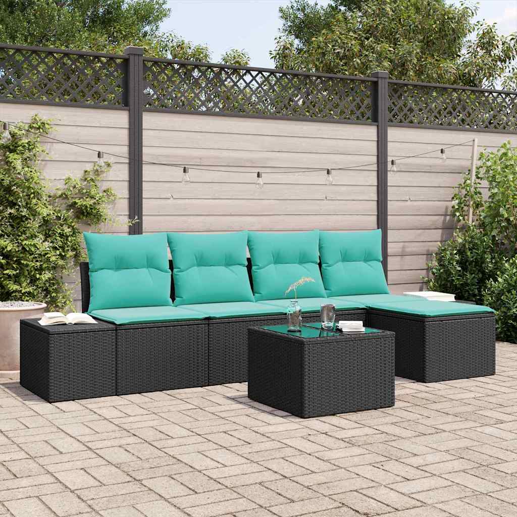Set Divano da Giardino 5 pz Nero e Turchese polyrattan