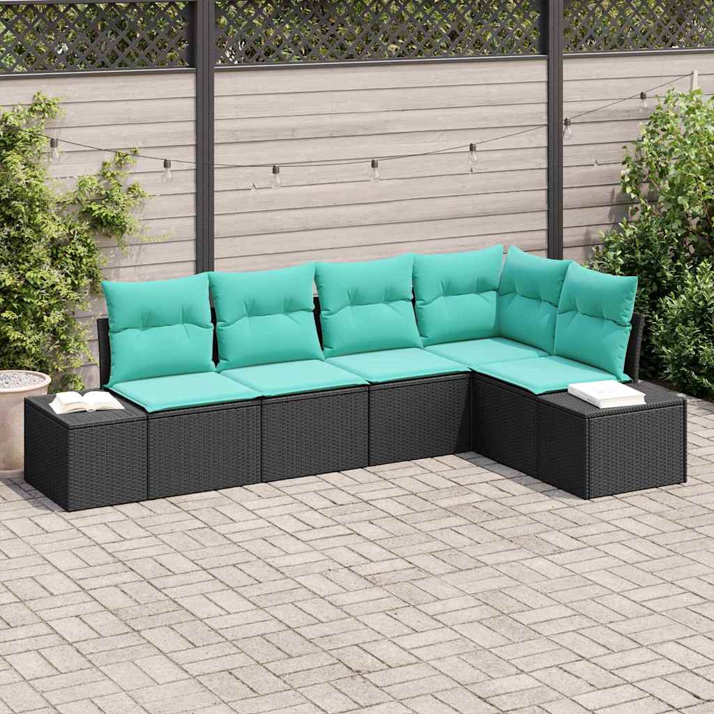 Set Divano da Giardino 5 pz Nero e Turchese polyrattan