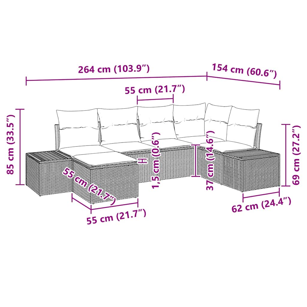 Set Divano da Giardino 6 pz Nero e Crema polyrattan