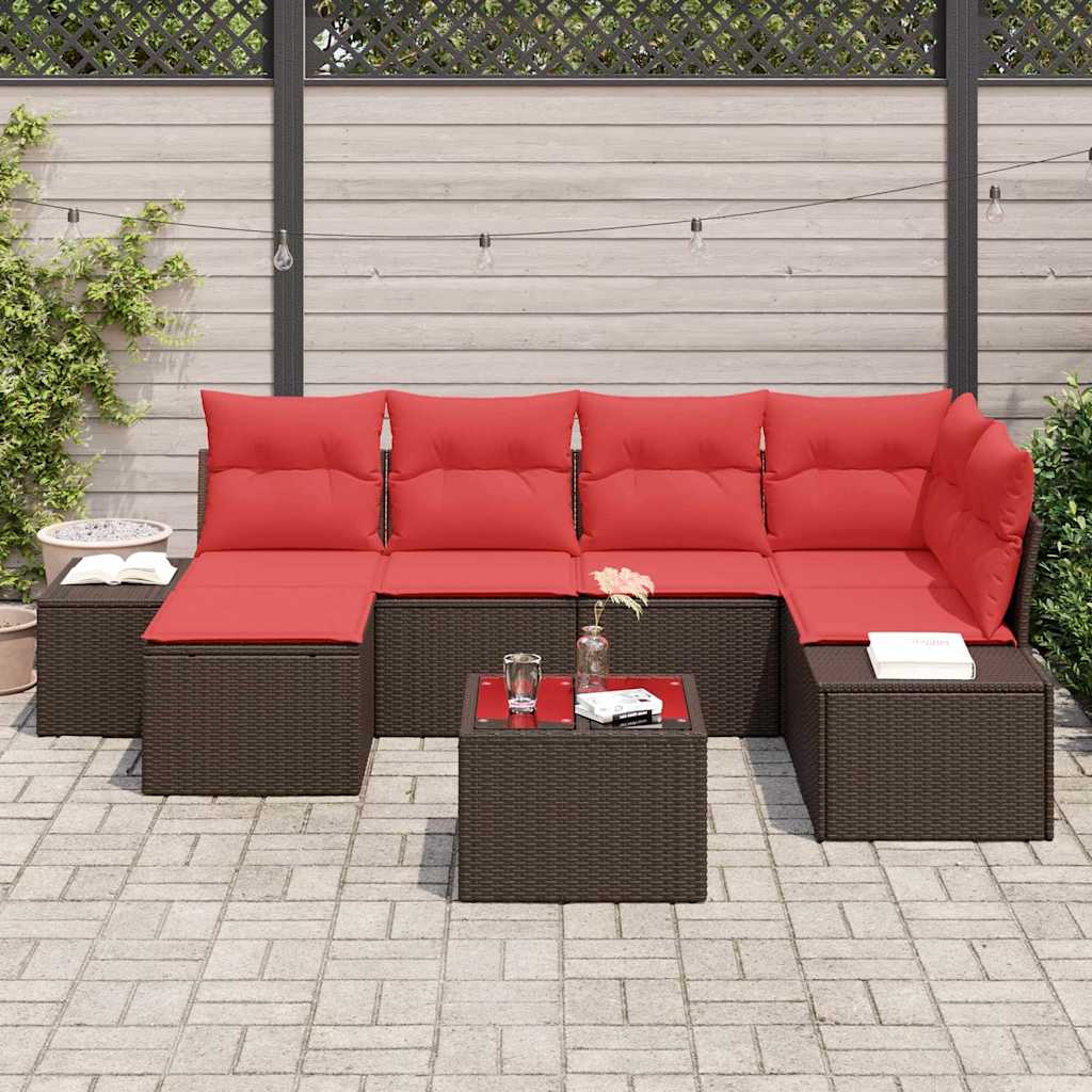 Set Divano da Giardino 6 pz Marrone e Rosso polyrattan