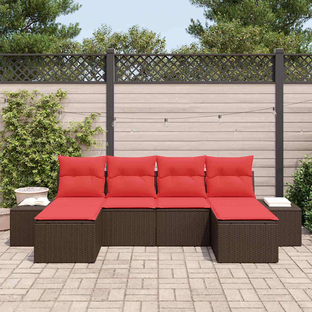 Set Divano da Giardino 4 pz Marrone e Rosso polyrattan