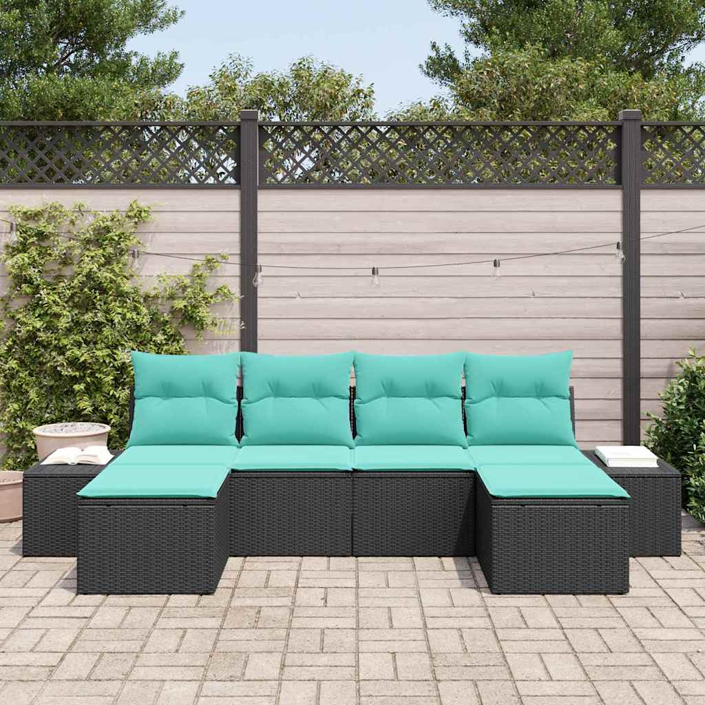 Set Divano da Giardino 4 pz Nero e Turchese polyrattan