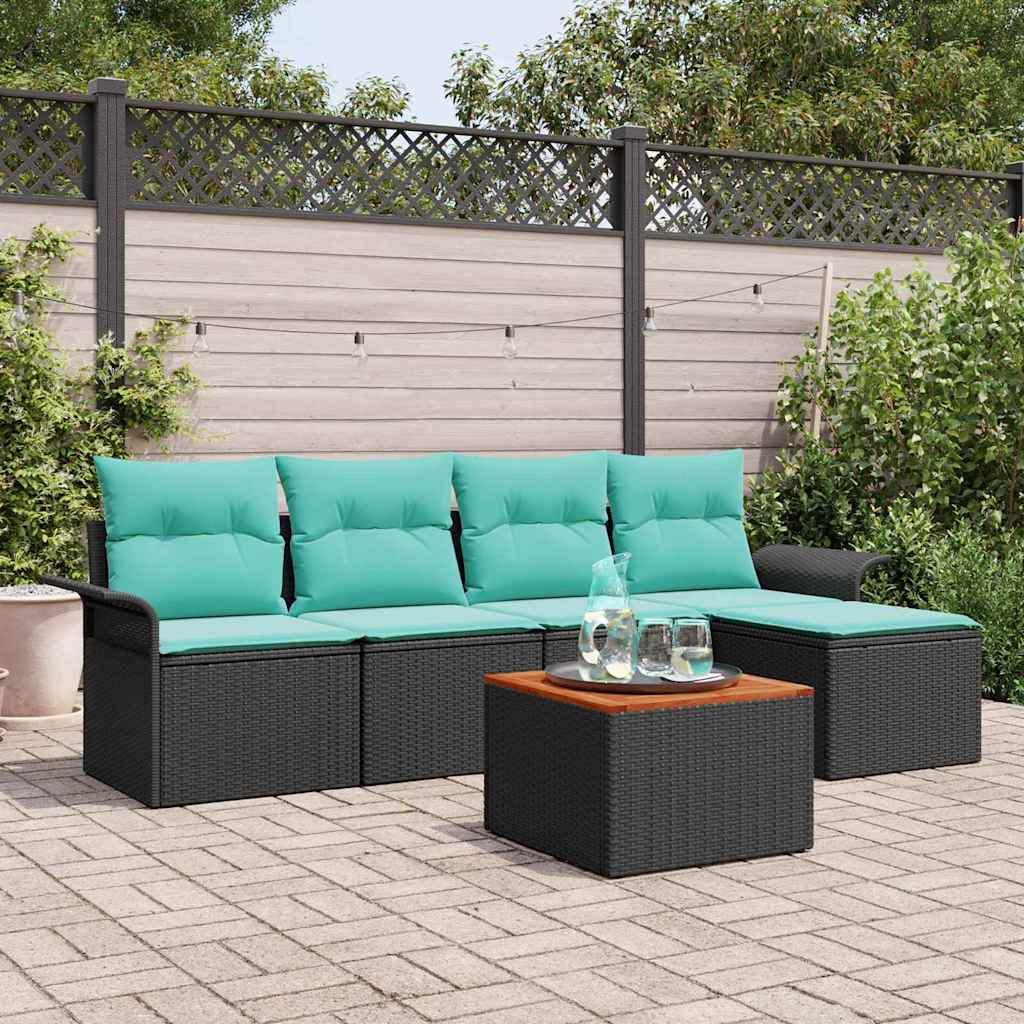 Set Divano da Giardino 6 pz Nero e Turchese polyrattan