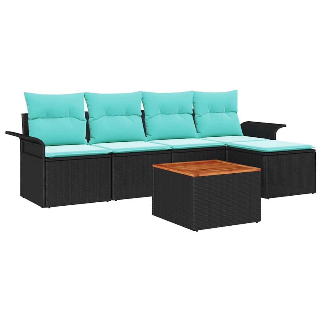 Set Divano da Giardino 6 pz Nero e Turchese polyrattan