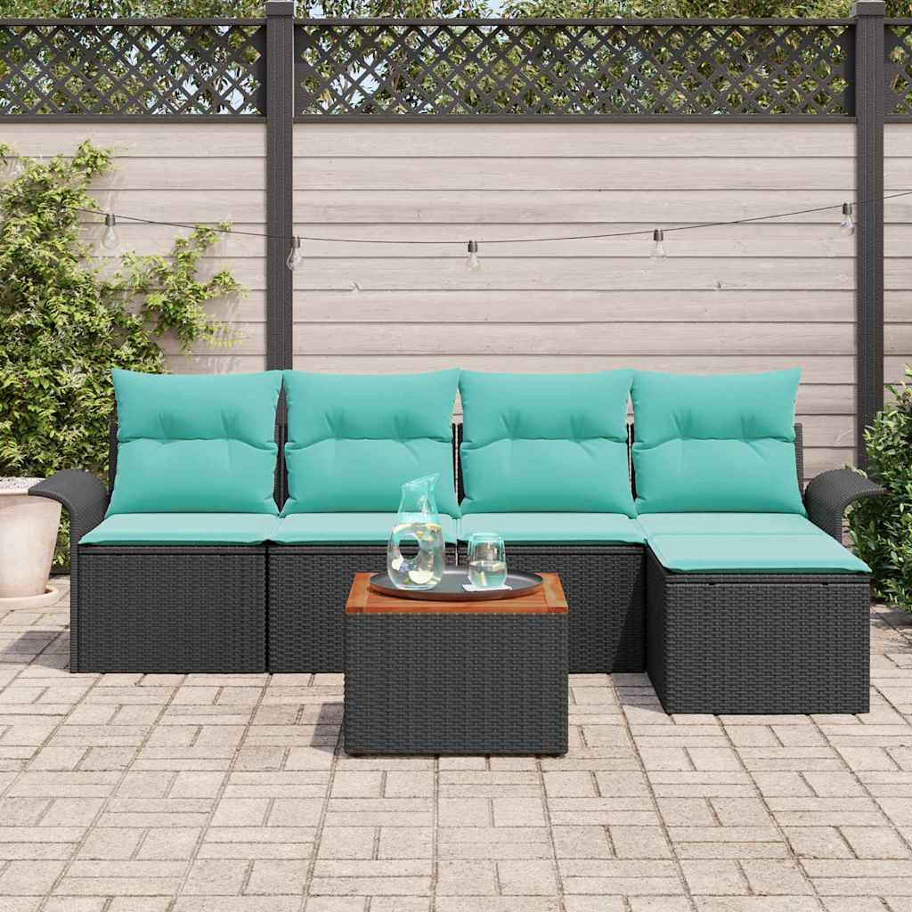 Set Divano da Giardino 6 pz Nero e Turchese polyrattan