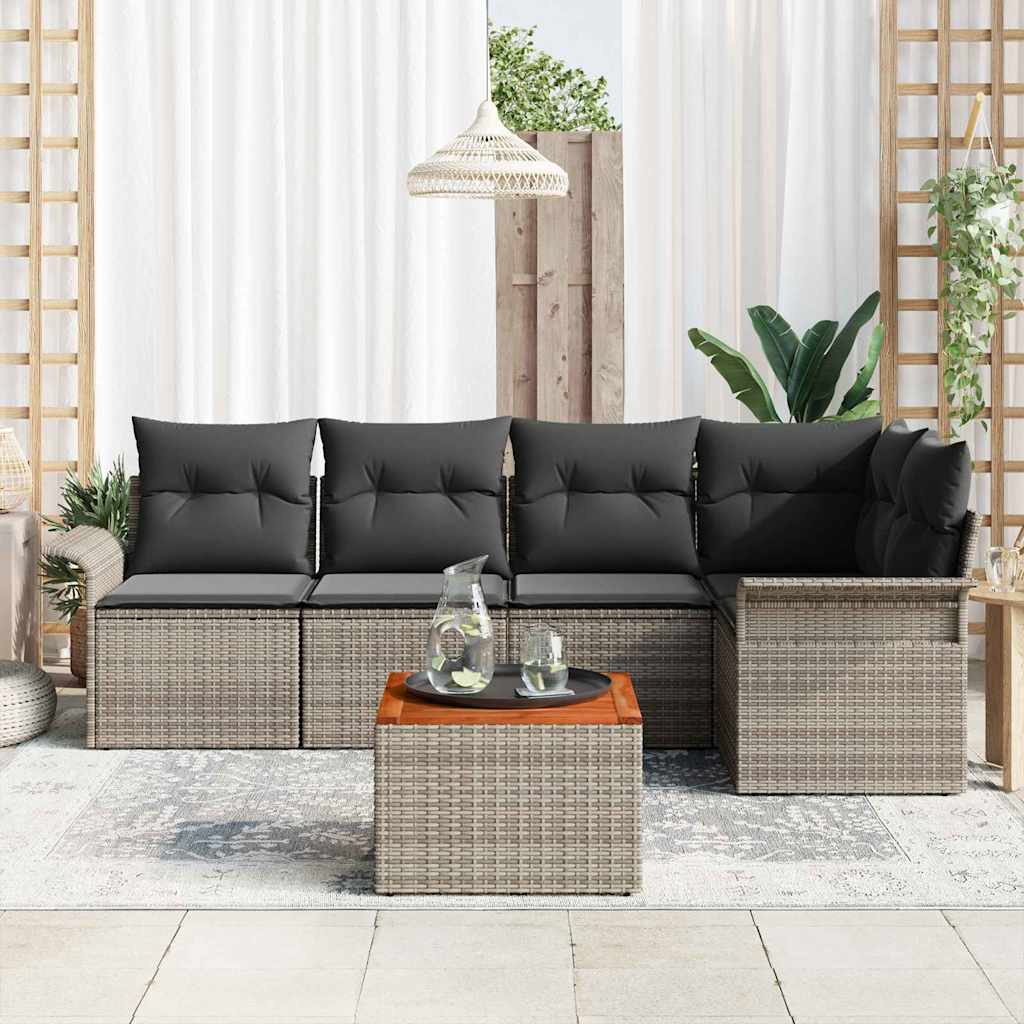 Set Divano da Giardino 6 pz 5-Numero di posti Grigio polyrattan