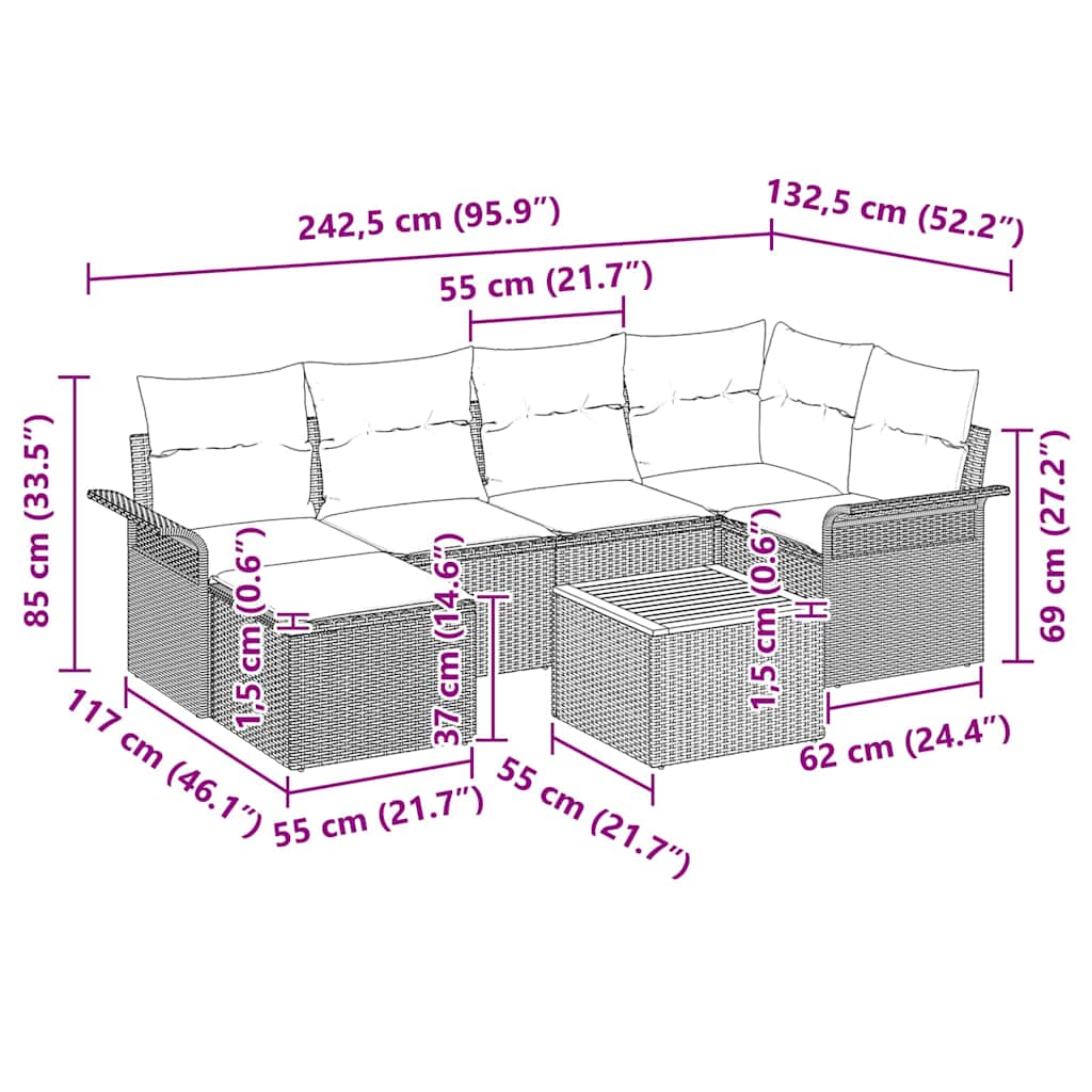 Set Divano da Giardino 7 pz Nero e Crema polyrattan