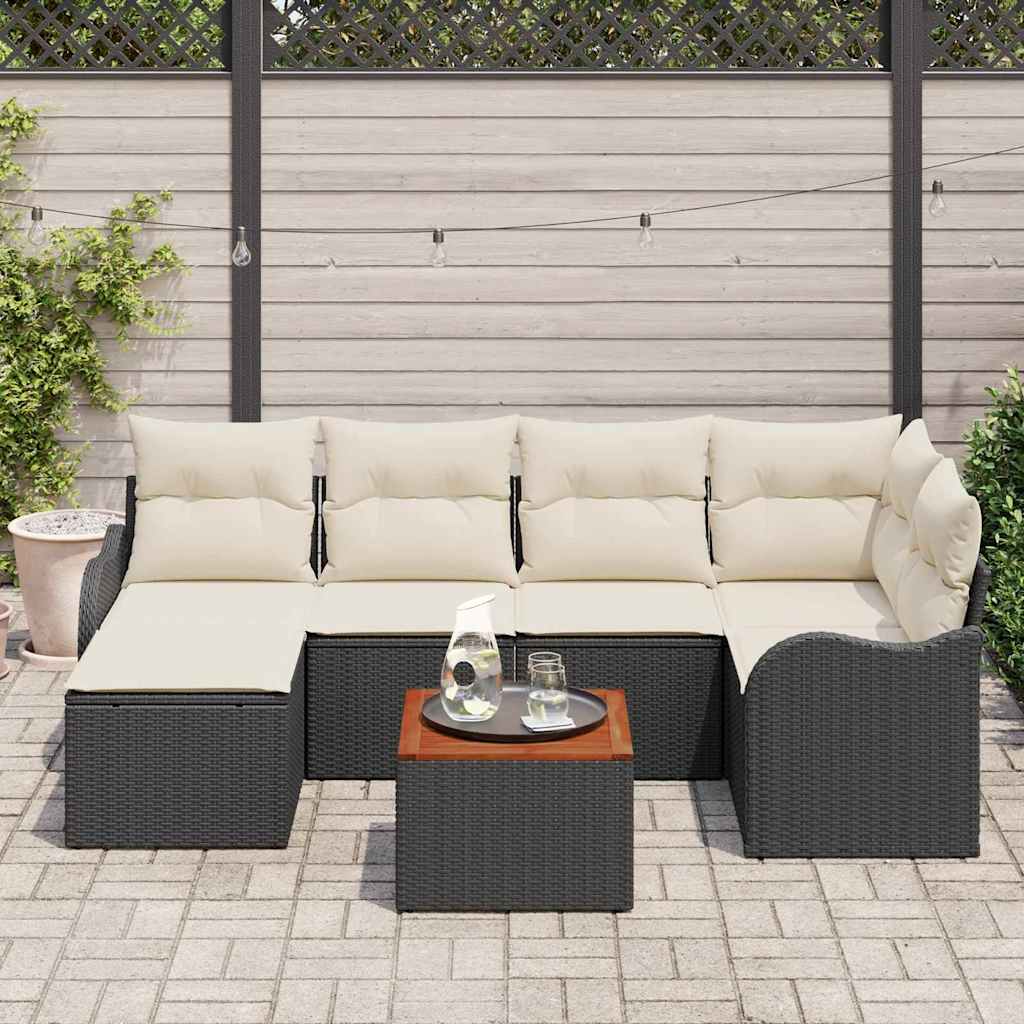 Set Divano da Giardino 7 pz Nero e Crema polyrattan