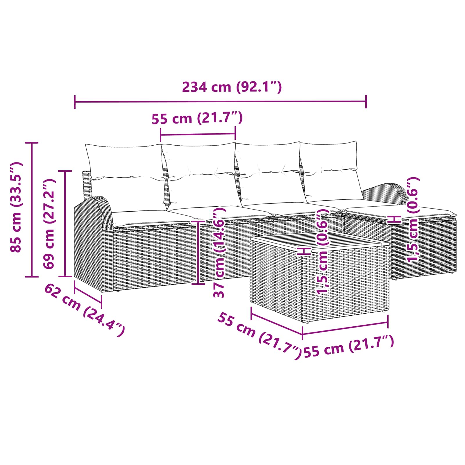 Set Divano da Giardino 6 pz Nero e Turchese polyrattan