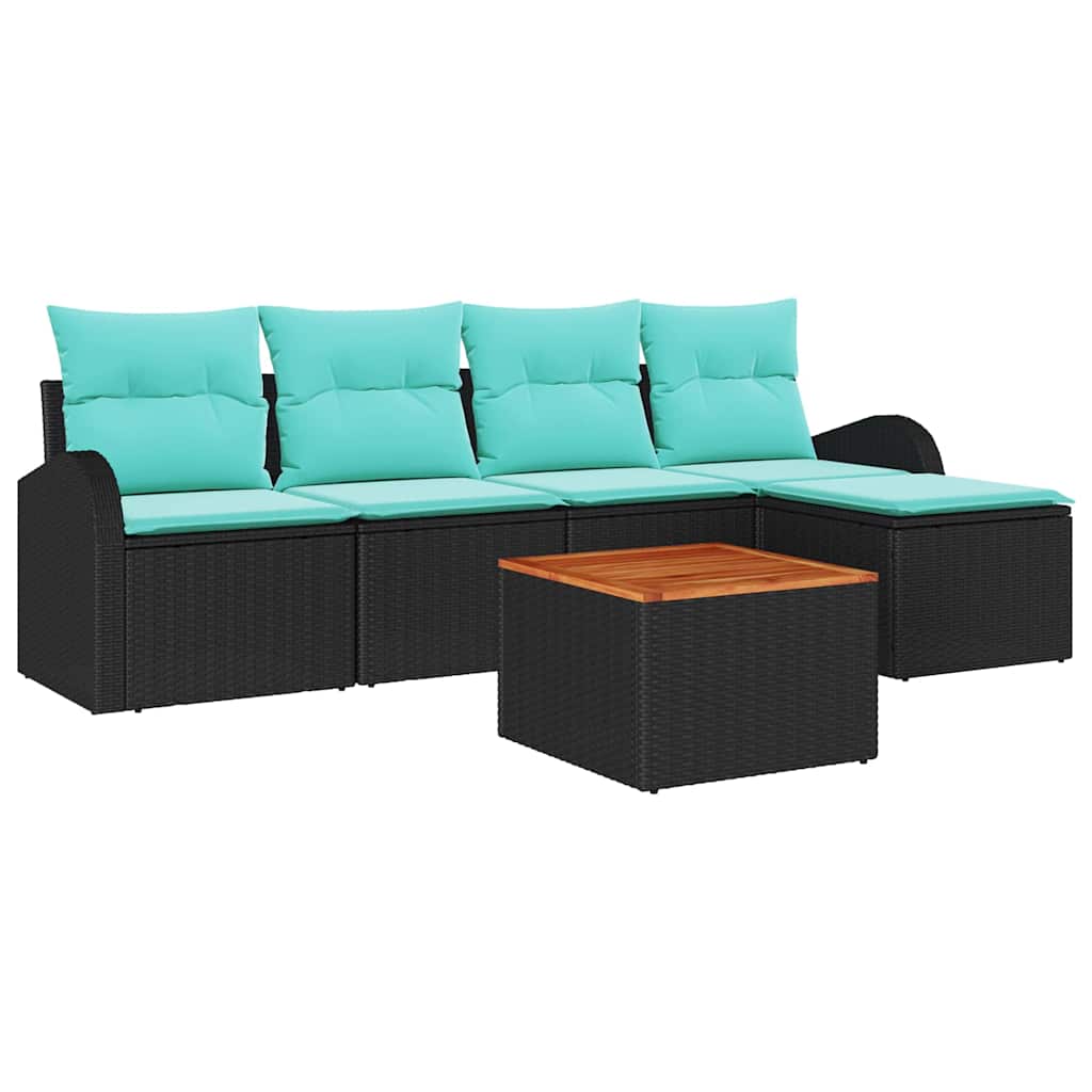 Set Divano da Giardino 6 pz Nero e Turchese polyrattan