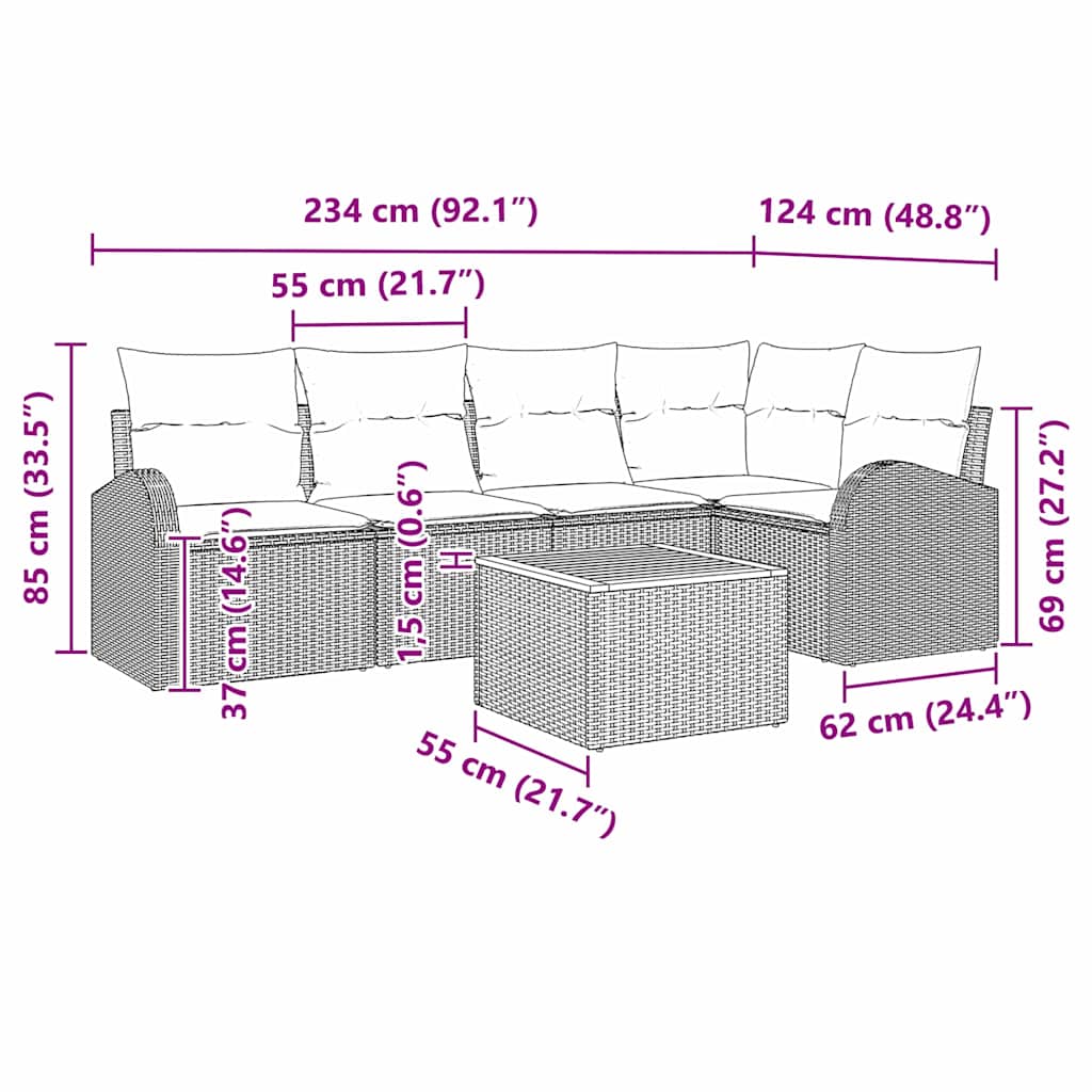 Set Divano da Giardino 6 pz Nero polyrattan