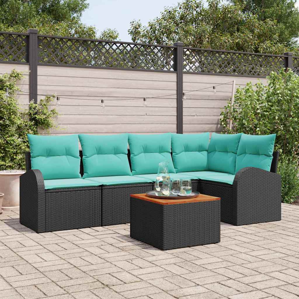 Set Divano da Giardino 6 pz Nero e Turchese polyrattan