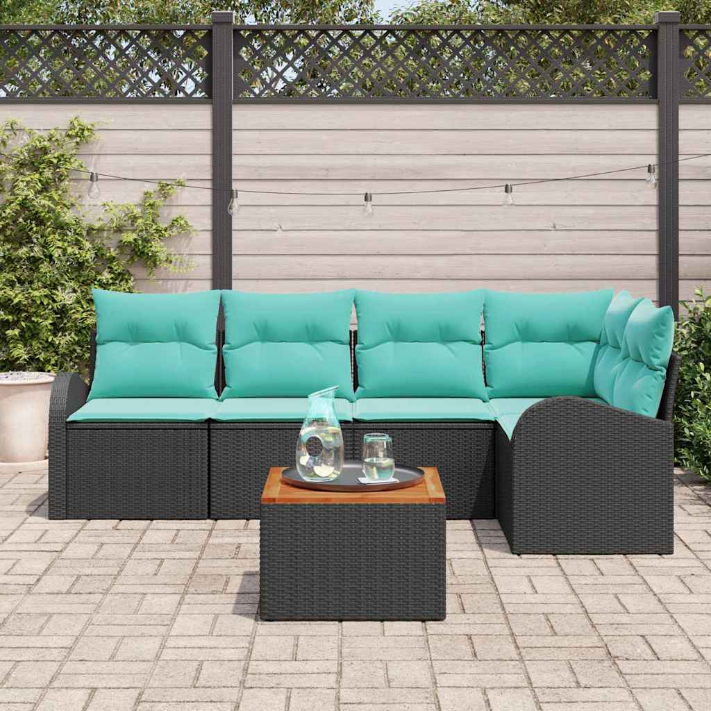 Set Divano da Giardino 6 pz Nero e Turchese polyrattan