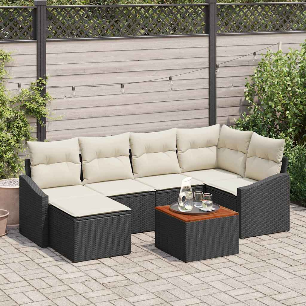 Set Divano da Giardino 7 pz Nero e Crema polyrattan