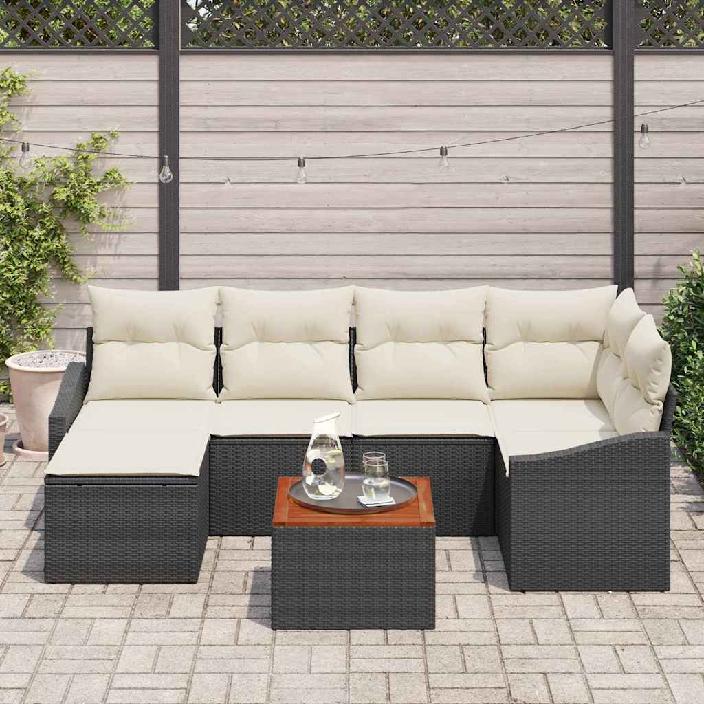 Set Divano da Giardino 7 pz Nero e Crema polyrattan