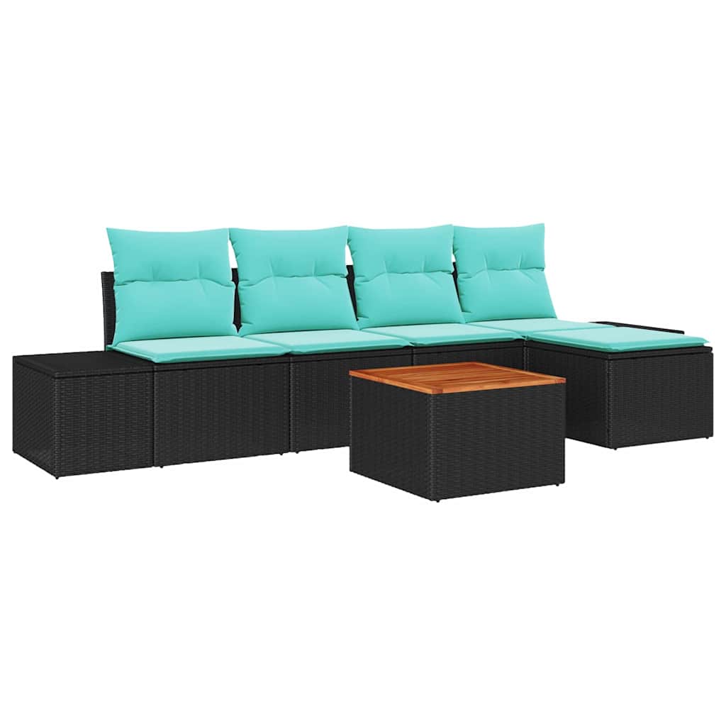 Set Divano da Giardino 6 pz Nero e Turchese polyrattan