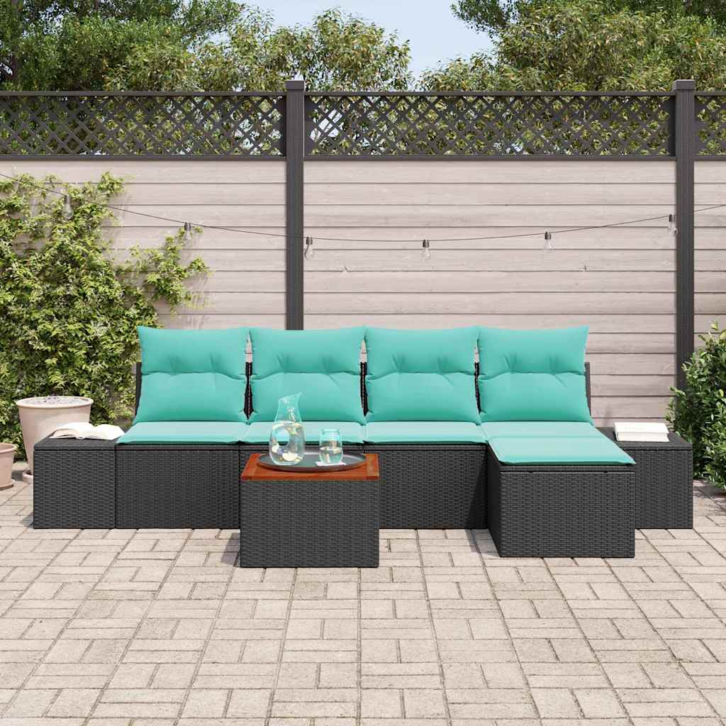 Set Divano da Giardino 6 pz Nero e Turchese polyrattan