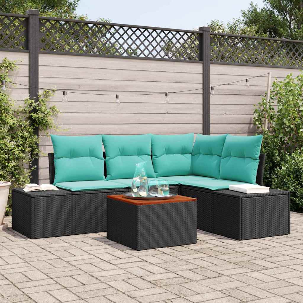 Set Divano da Giardino 5 pz Nero e Turchese polyrattan