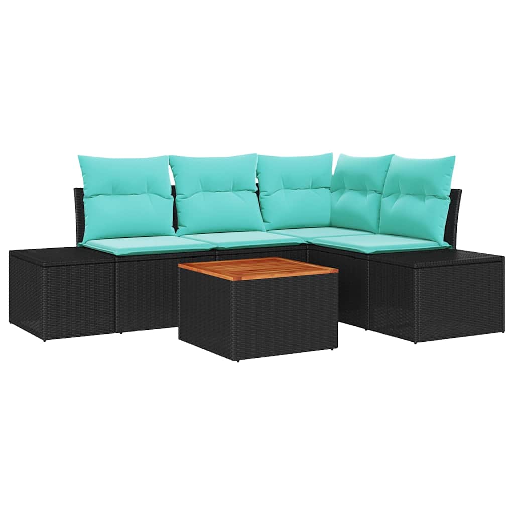 Set Divano da Giardino 5 pz Nero e Turchese polyrattan