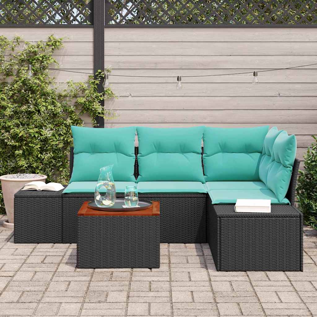 Set Divano da Giardino 5 pz Nero e Turchese polyrattan